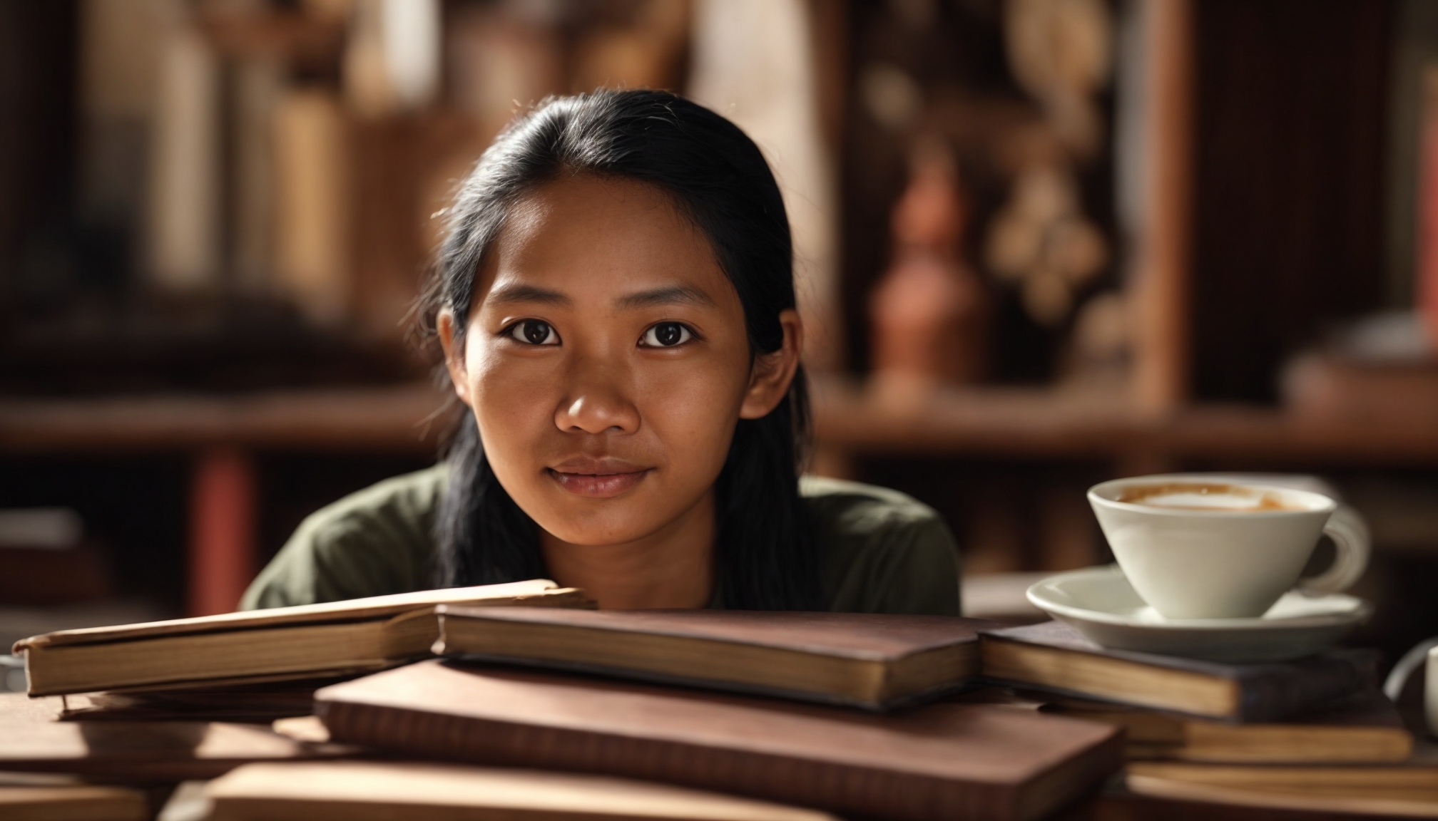 Peneliti muda Indonesia membaca atlas di meja kayu dikelilingi buku geografi dan artefak budaya Nusantara