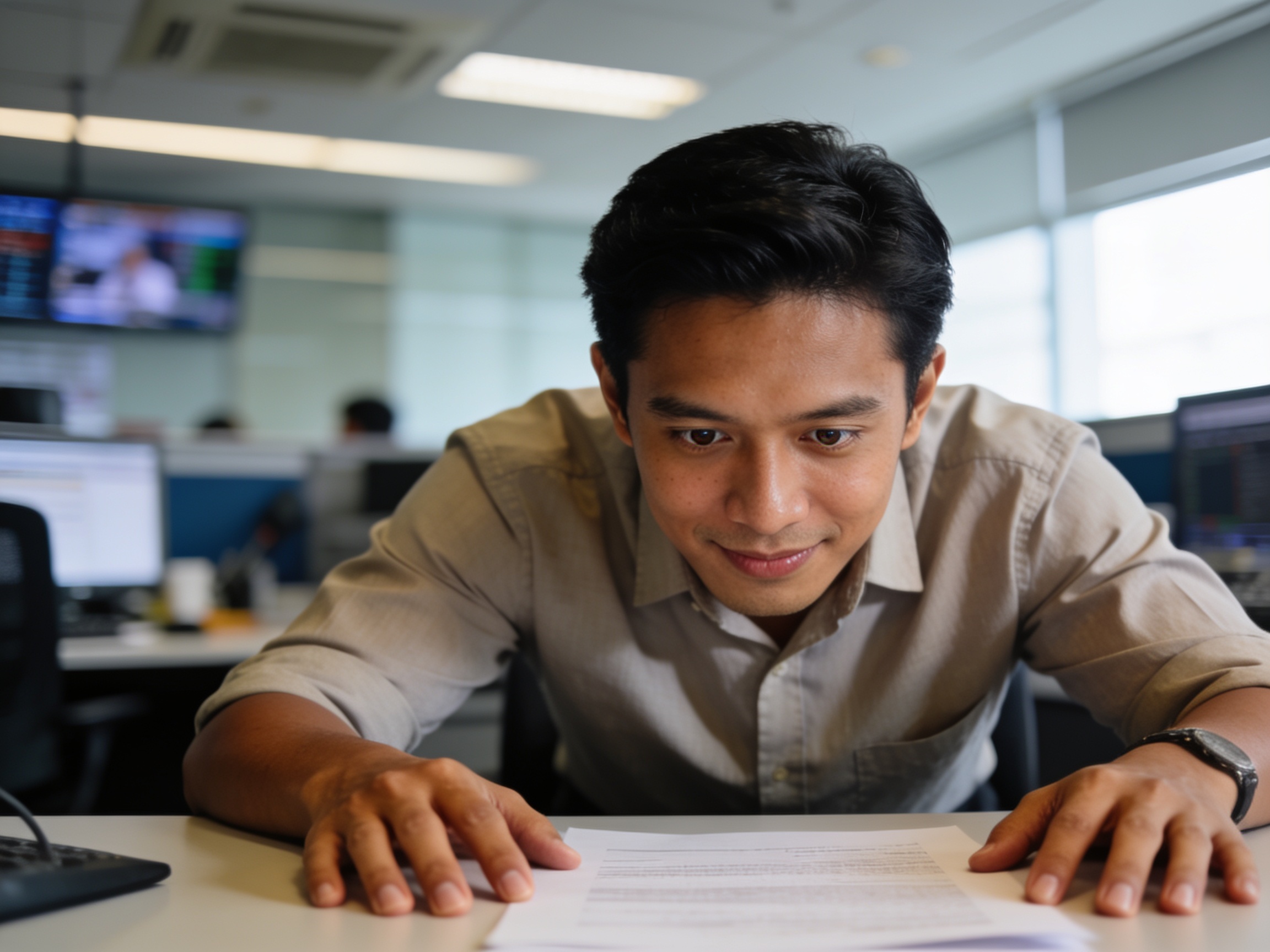 Wartawan Indonesia sedang menganalisis dokumen laporan terbaru di meja kerja modern.
