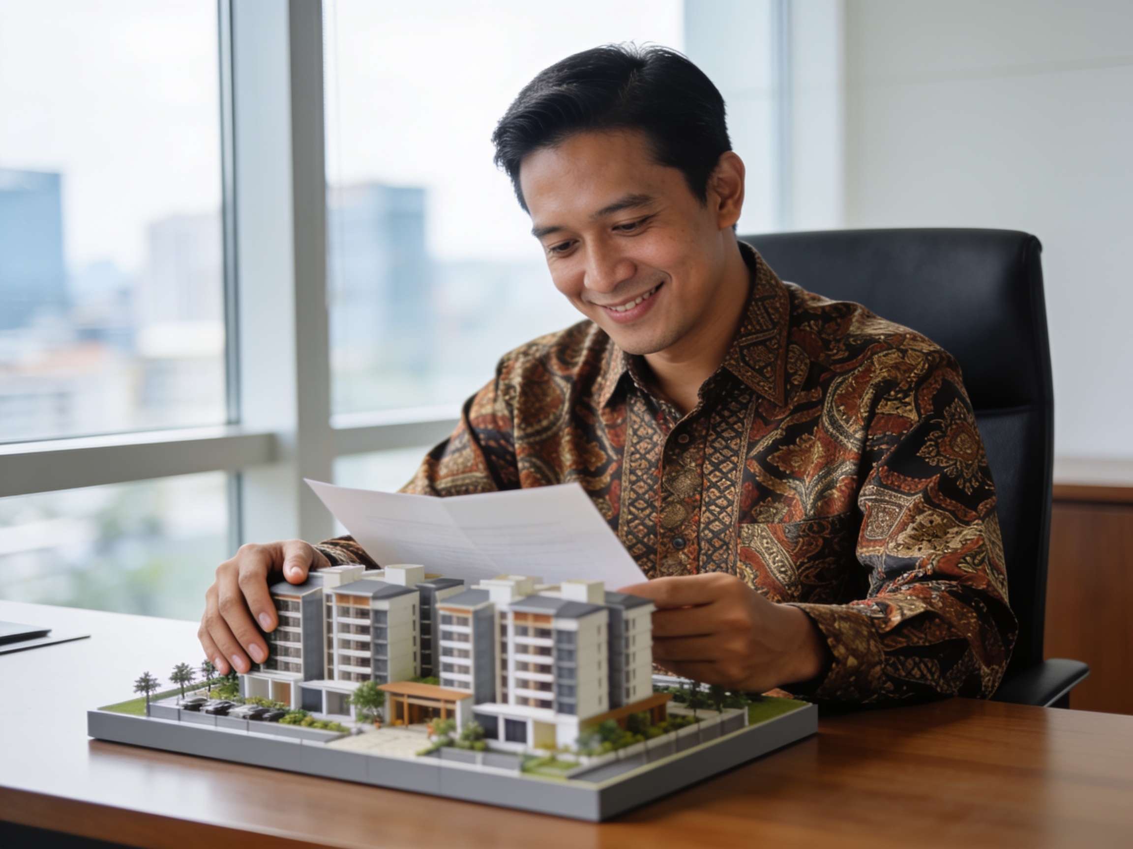 Pengusaha Indonesia mengkaji maket proyek properti dalam analisis kekuatan ekonomi Indonesia 2024